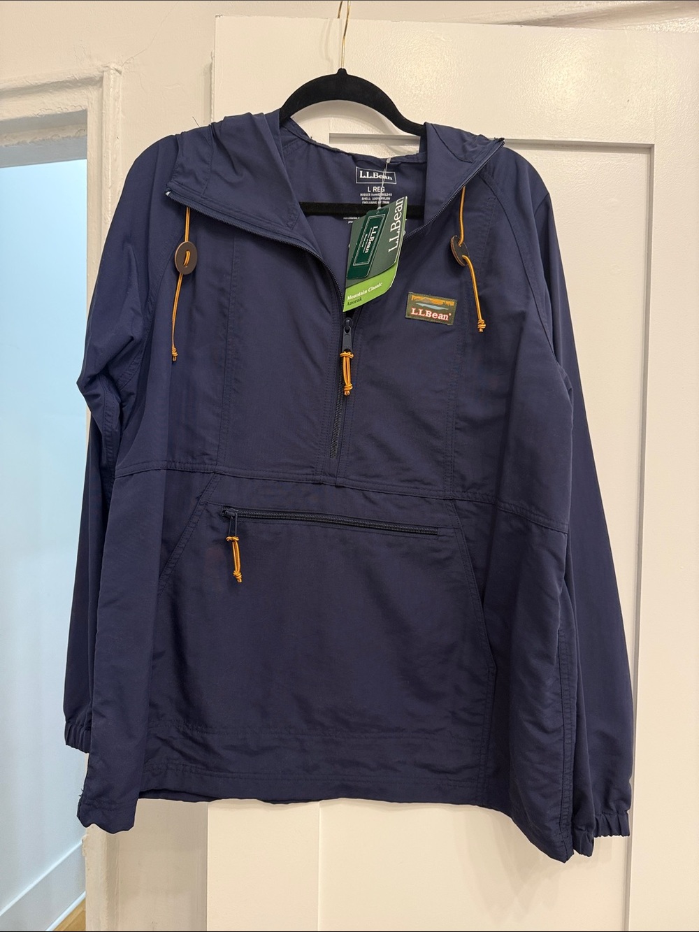 L.L. Bean Navy adults Hooded Rain Anorak with Yellow Cord Accents